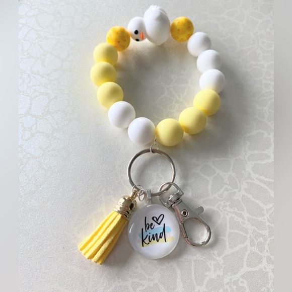 Yellow and White Beaded Keychain Wristlet Bracelet with cute duck - Picture 2 of 3